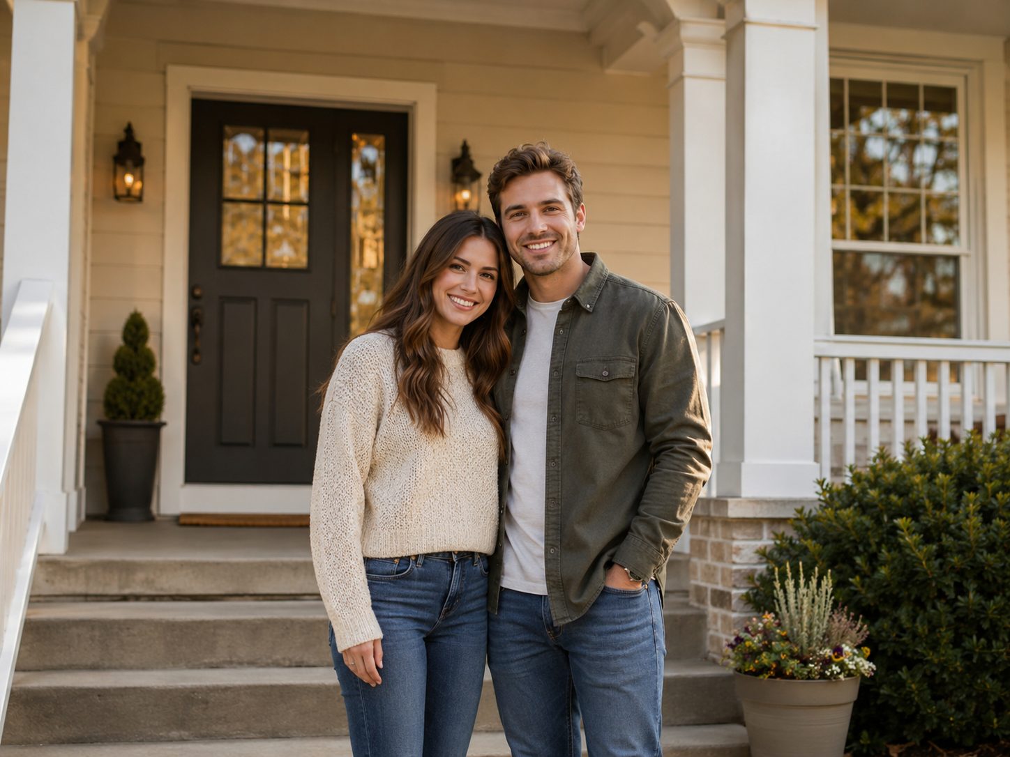 First-time home buyers standing outside a home in East Tennessee