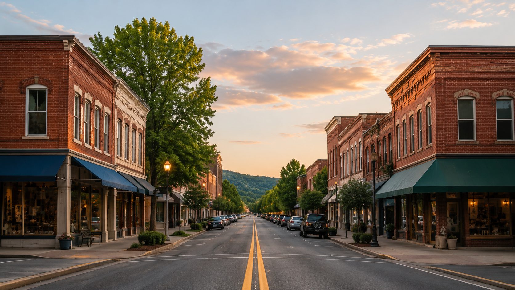 Small-town East Tennessee main street representing Maryville and Alcoa communities