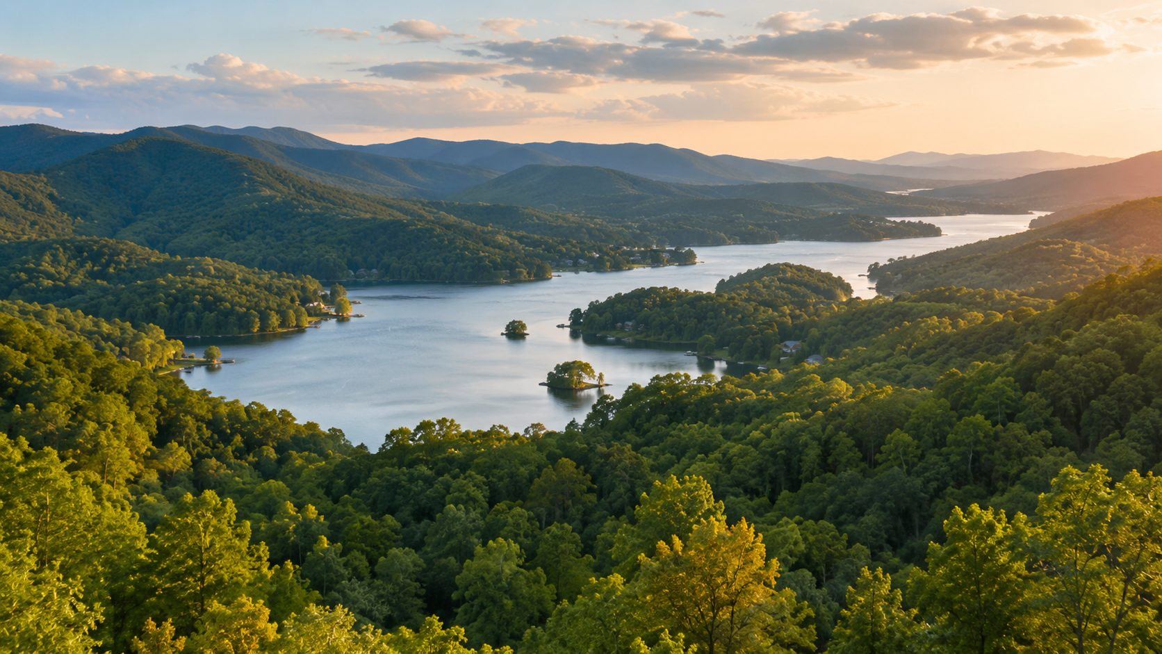 Scenic East Tennessee lake and mountain view representing Loudon and Lenoir City communities