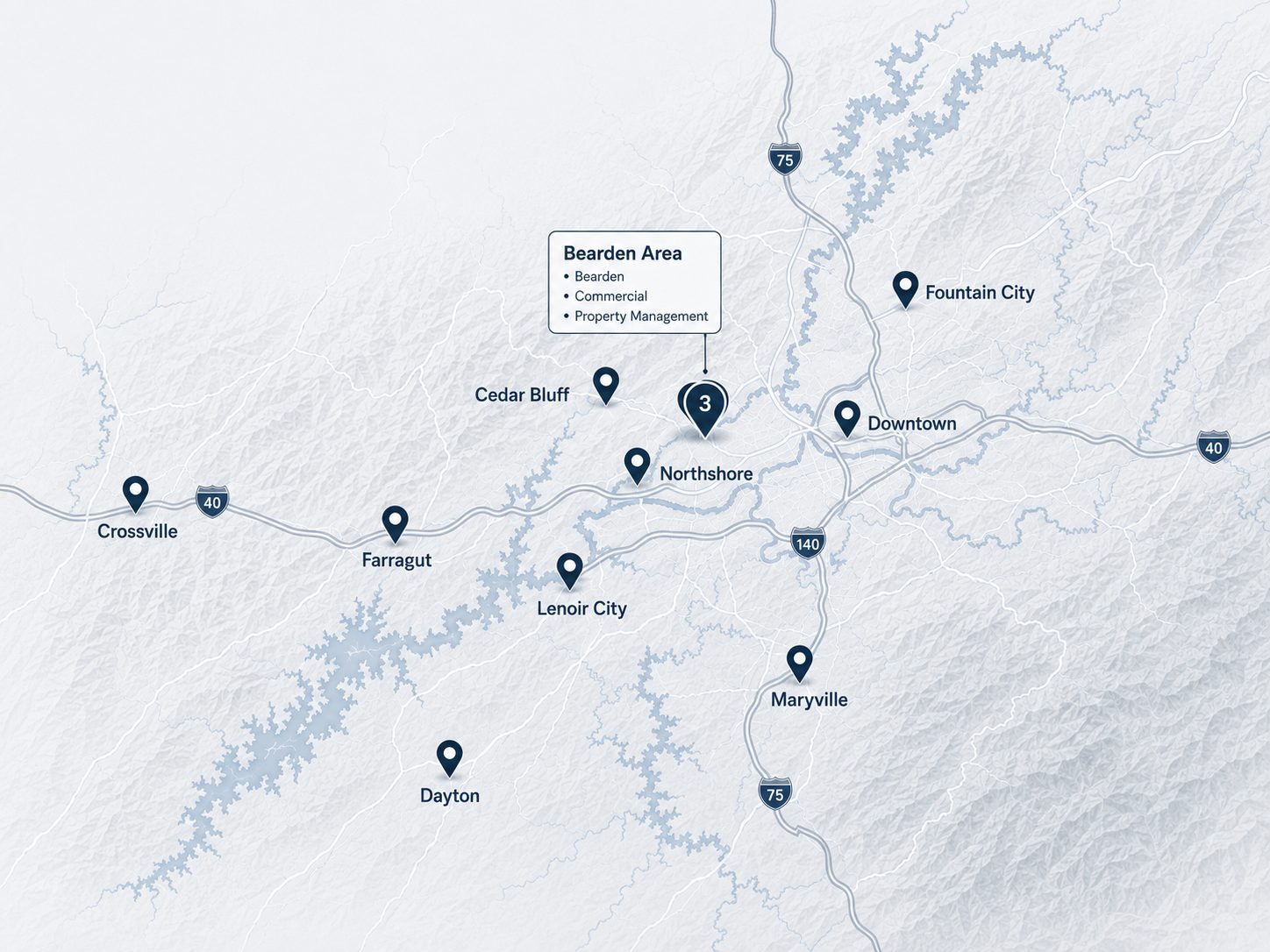 Map of Wallace Real Estate office locations across East Tennessee including Knoxville, Farragut, Lenoir City, Maryville, Crossville, and Dayton