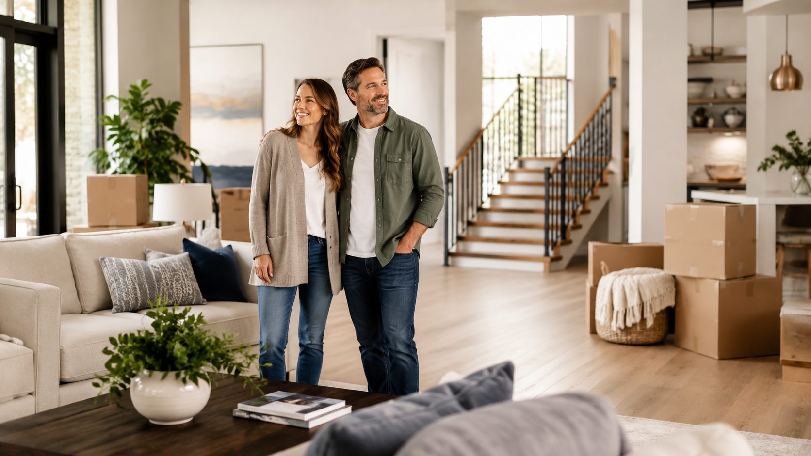 Move-up sellers standing inside a home with moving boxes
