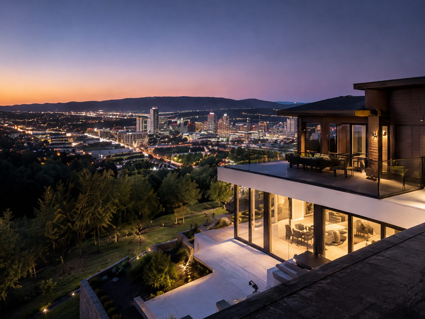 Luxury home overlooking Knoxville city views at twilight