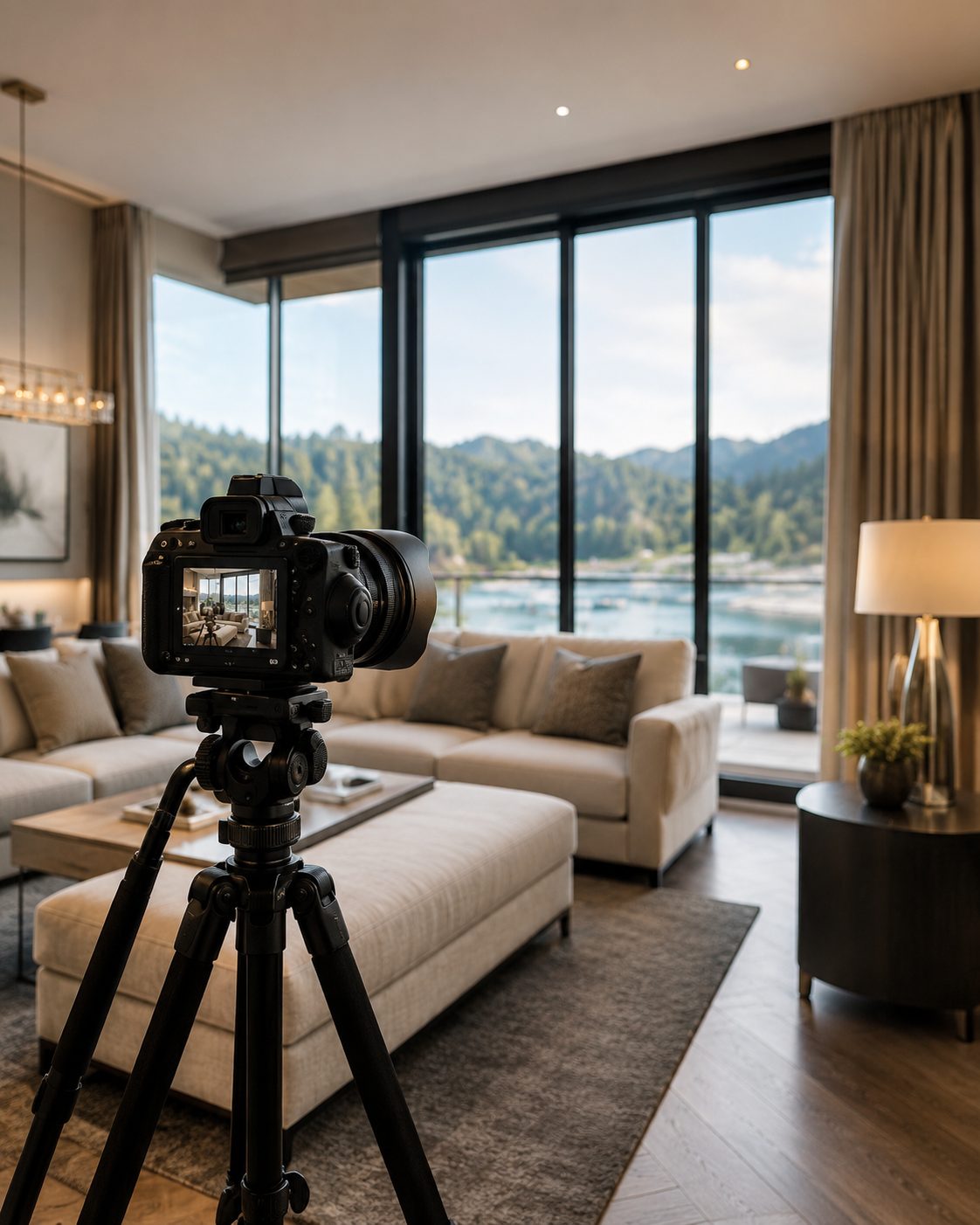 Professional camera photographing a luxury living room with mountain views