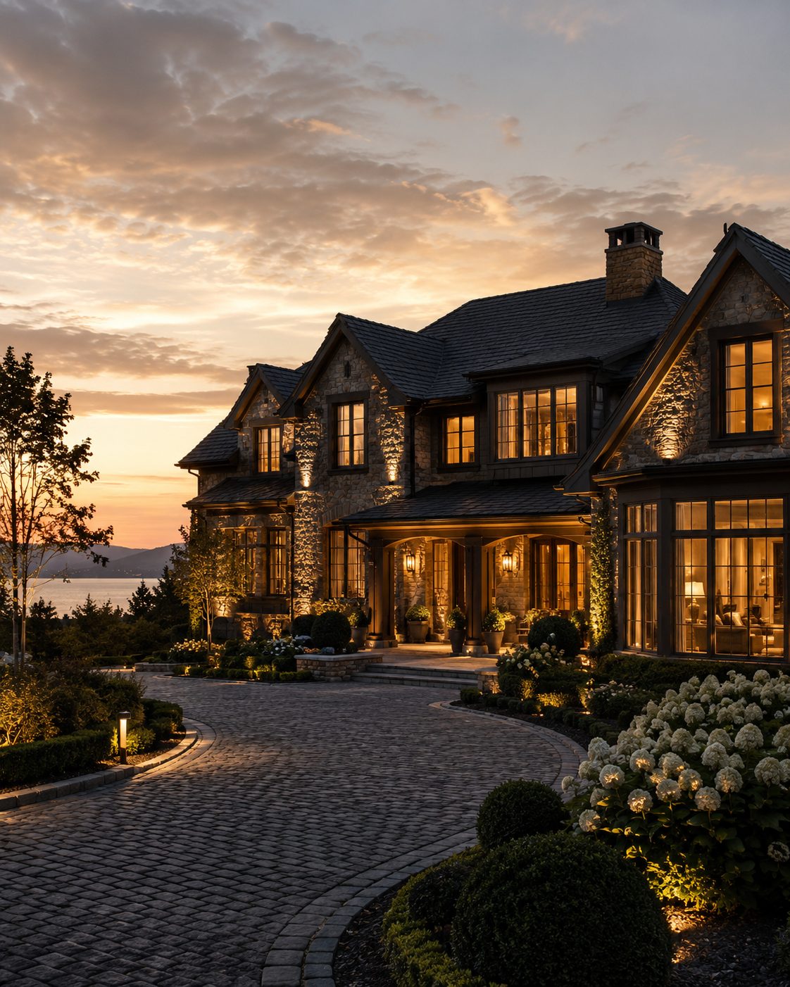 Luxury estate home at sunset with professional exterior lighting