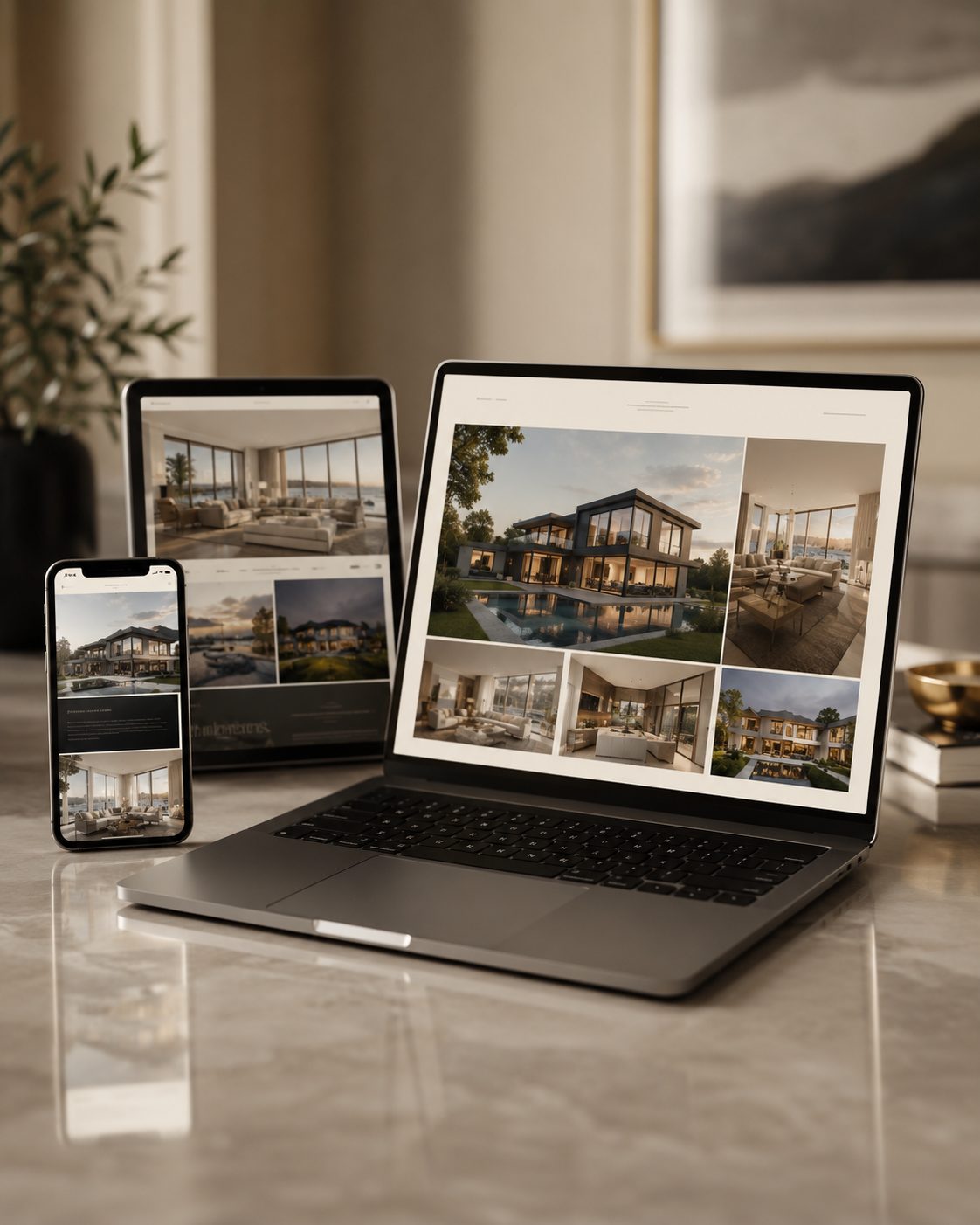 Luxury real estate listing displayed across laptop, tablet, and phone screens