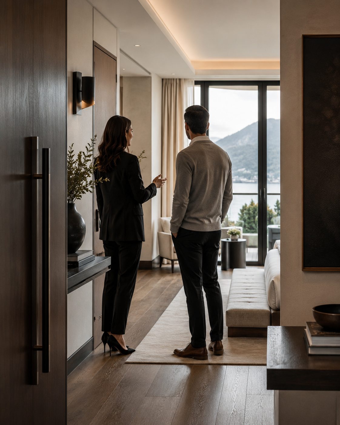 Luxury real estate agent guiding a private showing inside a high-end home with scenic views