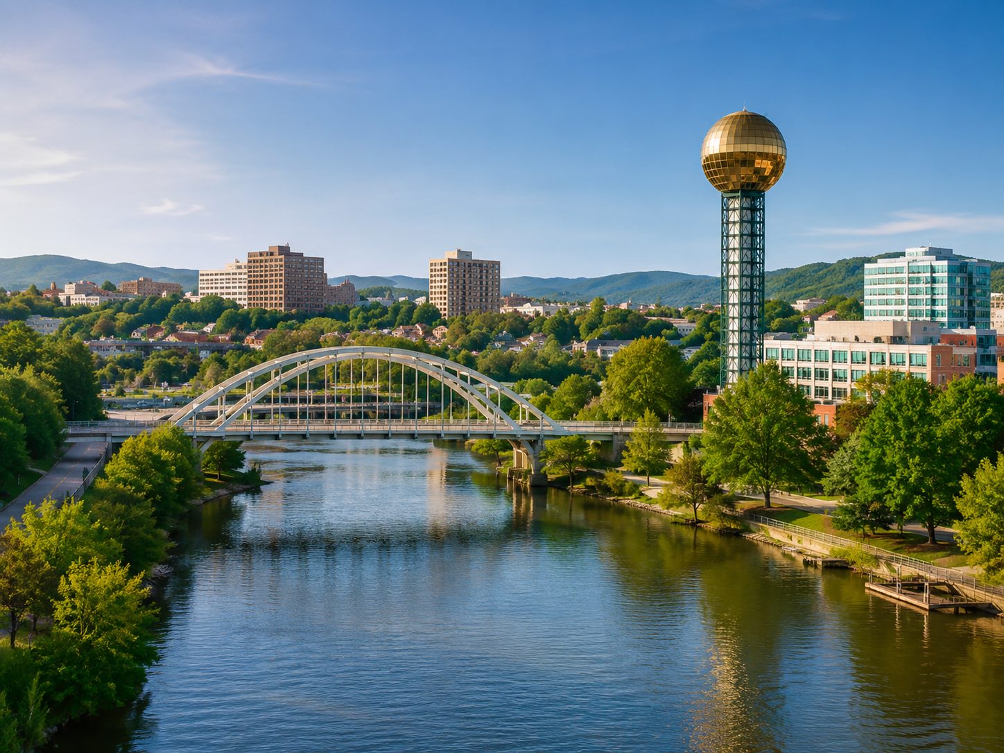 Knoxville skyline and river representing relocation services in East Tennessee