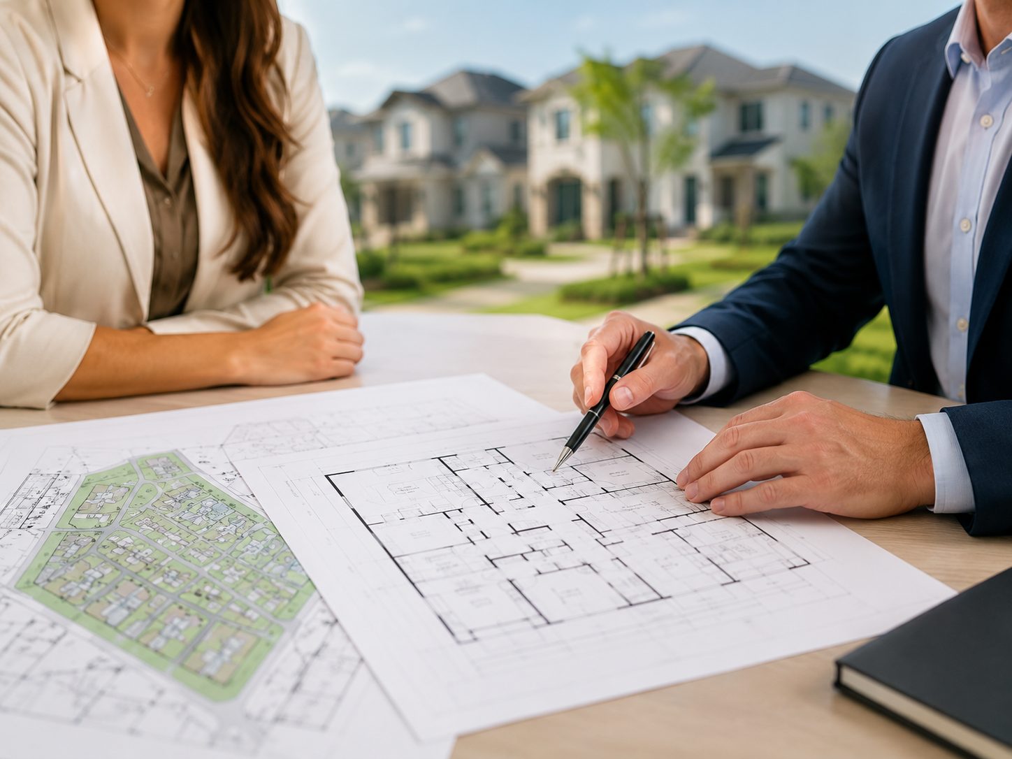Real estate agent reviewing new construction floor plans with buyers in Knoxville and East Tennessee