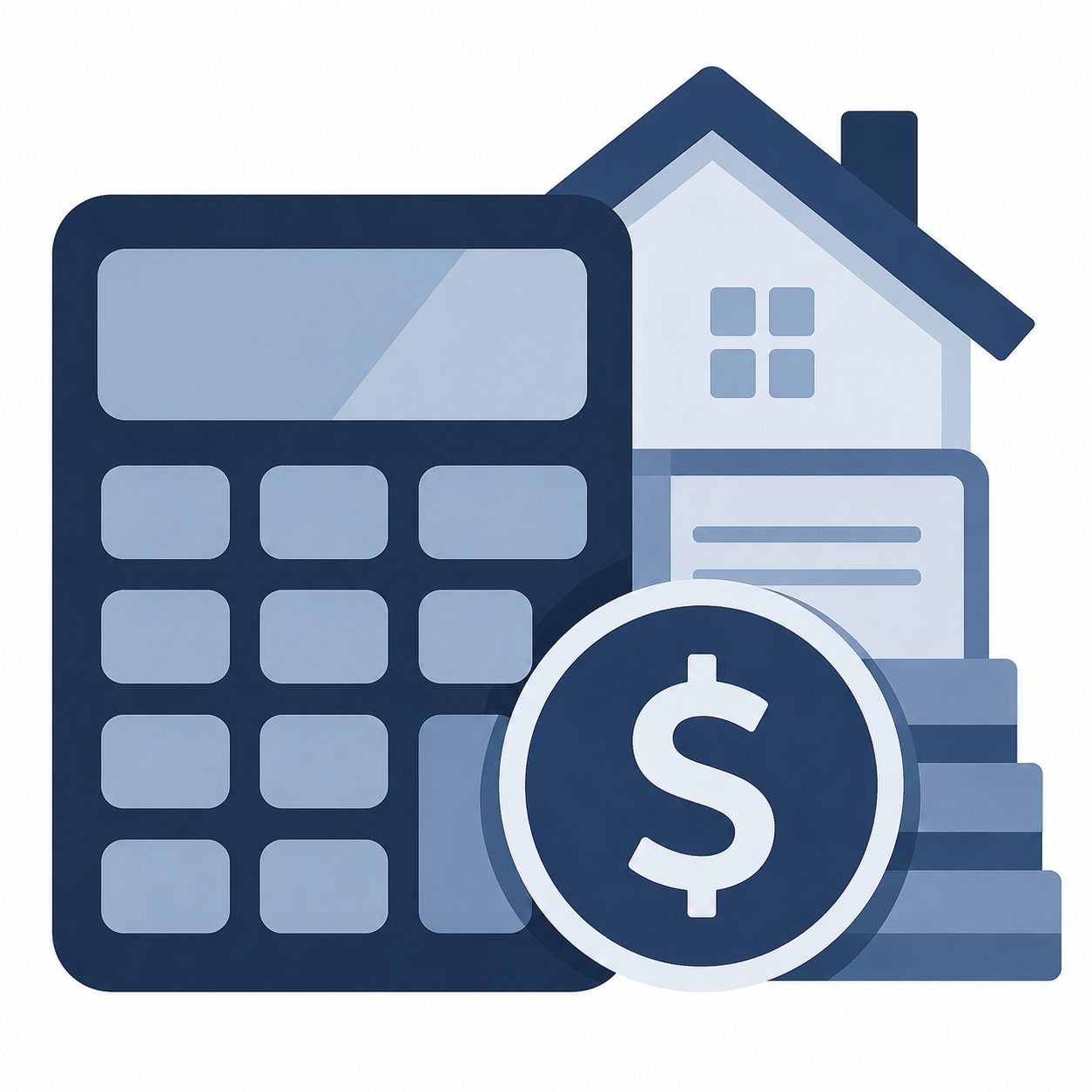 Icon showing a calculator, home, and money representing monthly payment comfort before buying a home