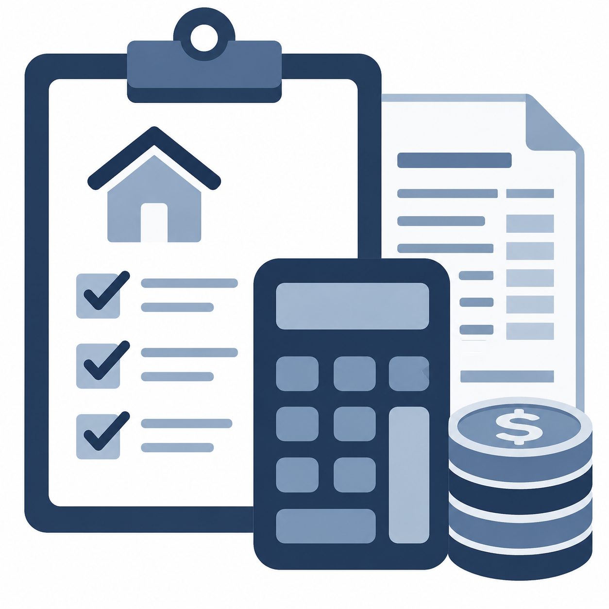 Icon showing a checklist, calculator, document, and coins representing closing costs and buyer expenses