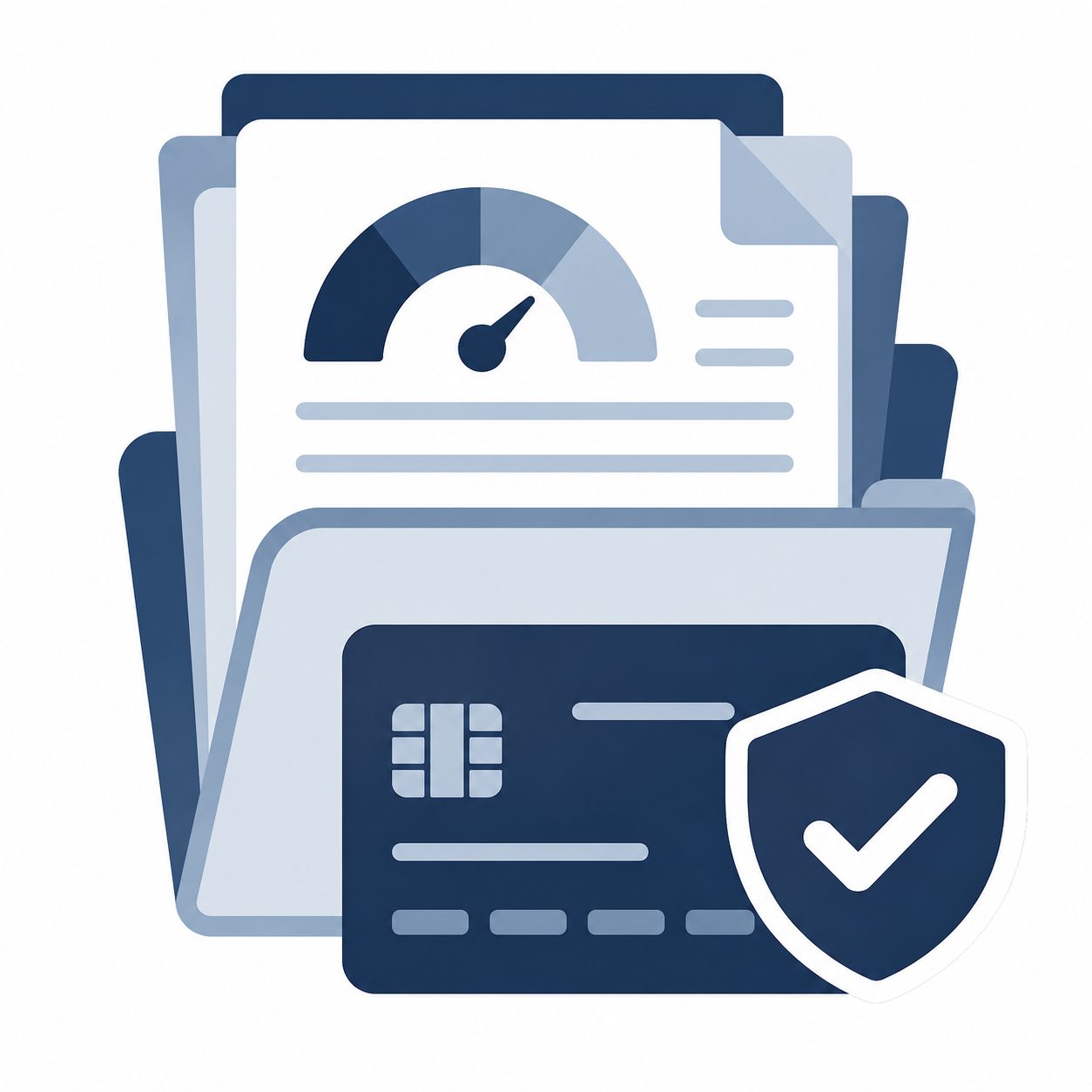 Icon showing financial documents, a credit card, and shield representing credit, debt, and mortgage documents