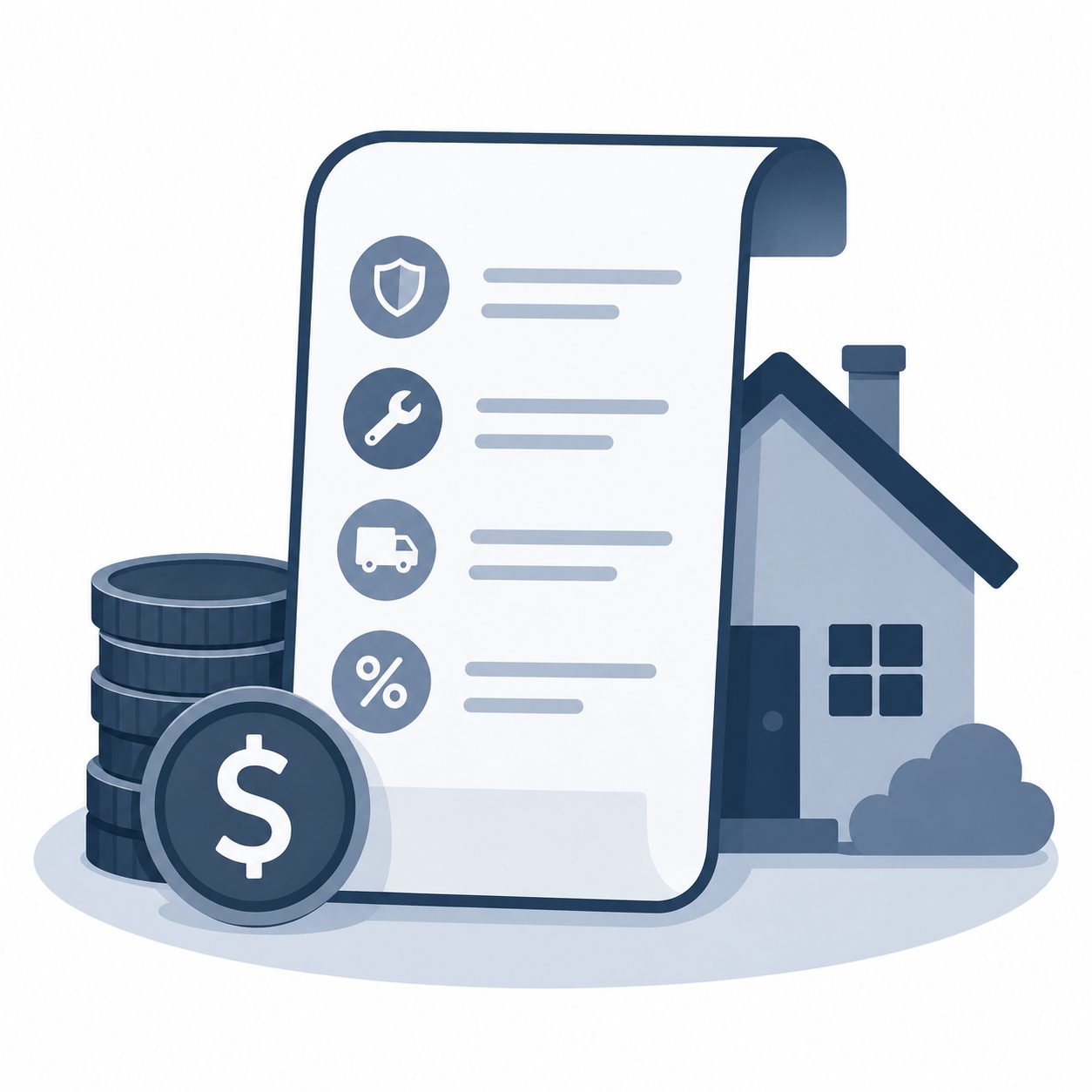 Icon showing a house, financial checklist, coins, and dollar symbol representing buyer costs beyond the down payment