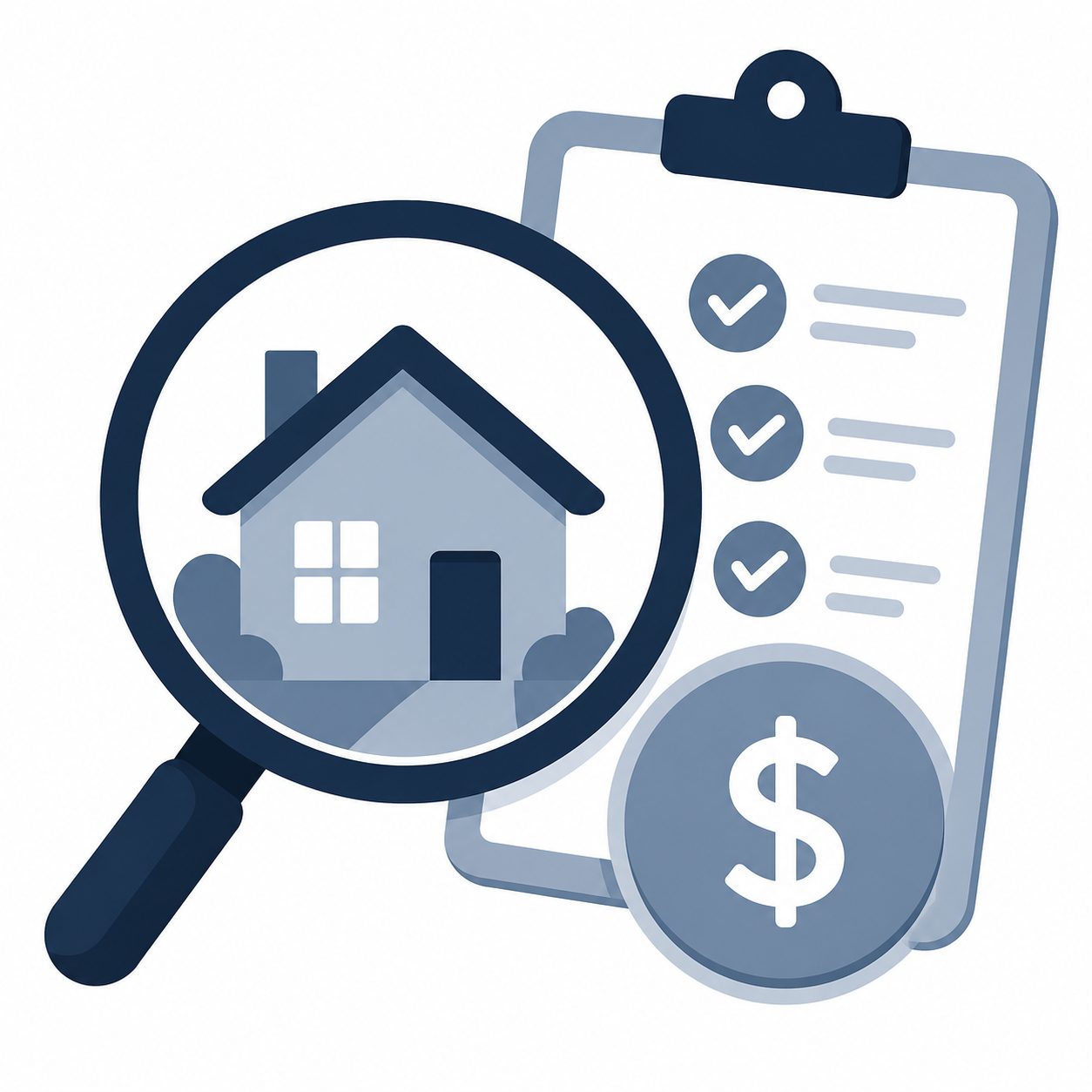 Icon showing a magnifying glass, home, checklist, and dollar symbol representing financial readiness during the home search
