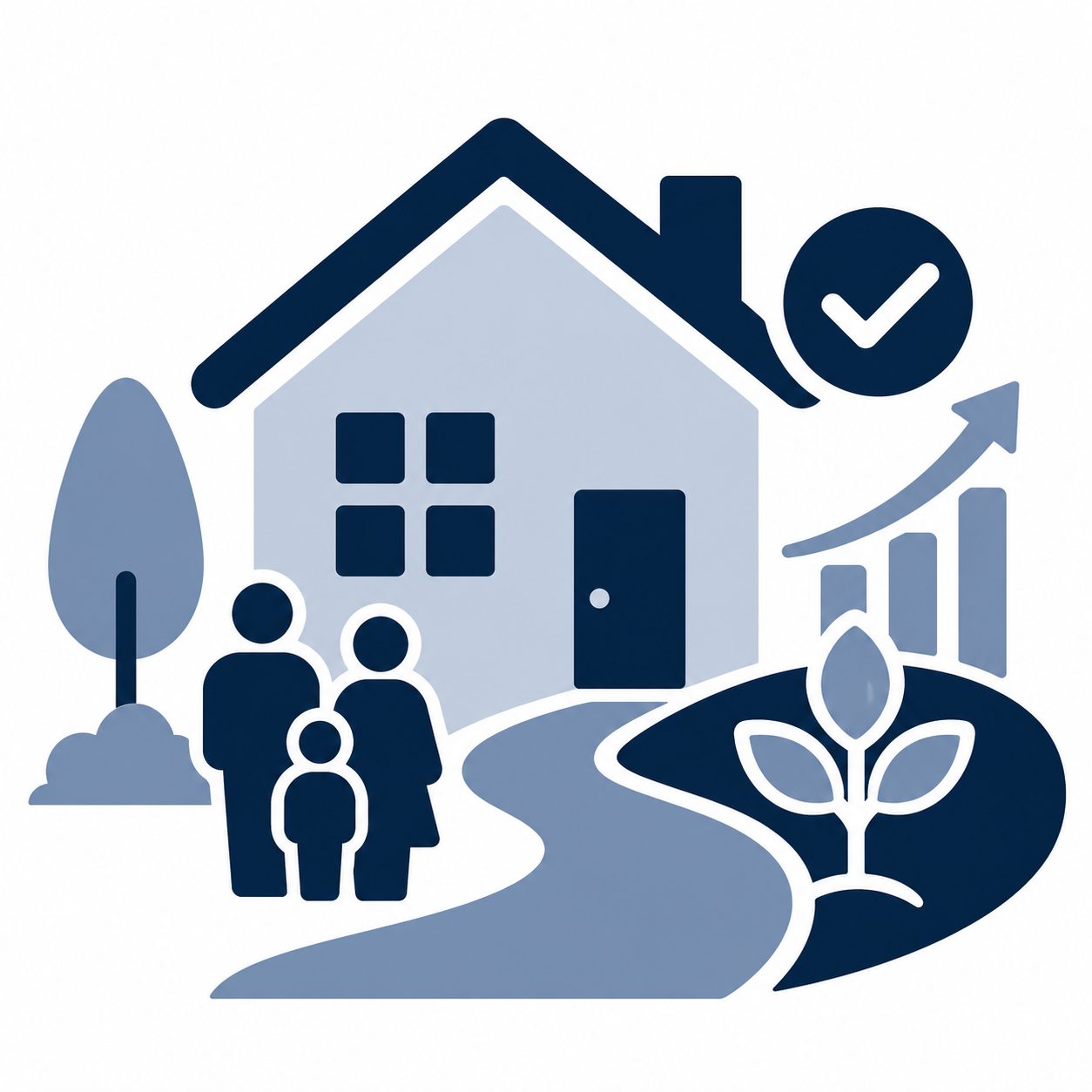Icon showing a home, family, growth symbol, and checkmark representing long-term fit when choosing a home