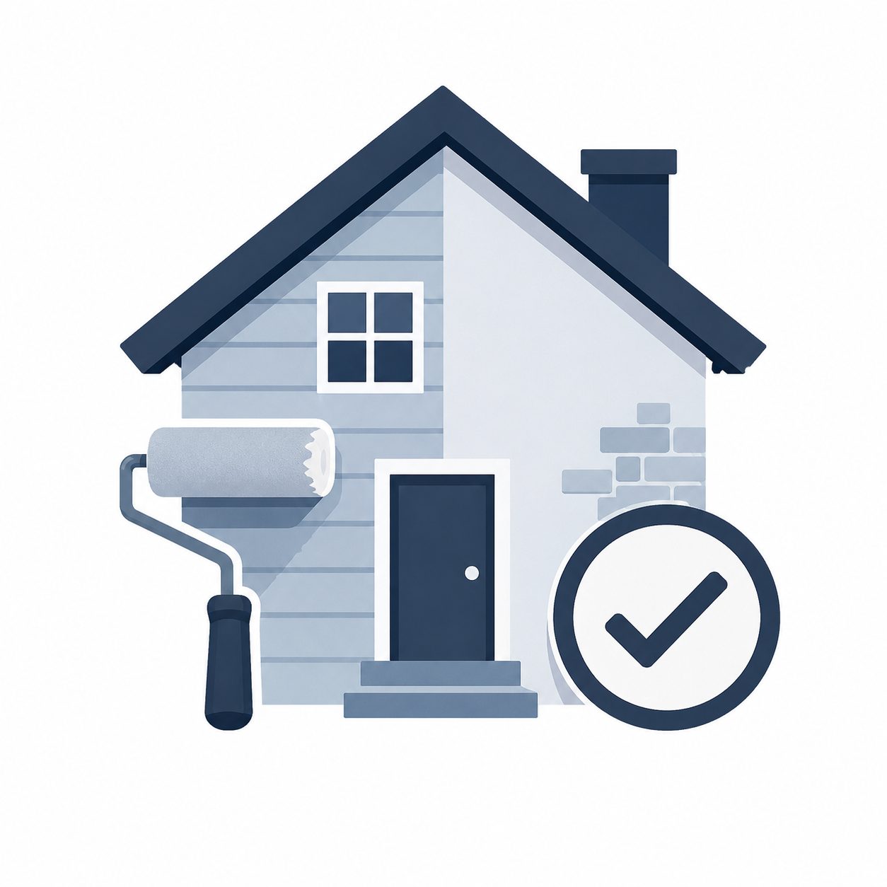 Icon showing a home with renovation tools and approval mark representing property condition and updates
