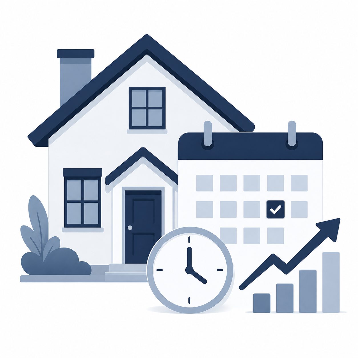 Icon showing a calendar, clock, and market growth chart representing timing and market conditions