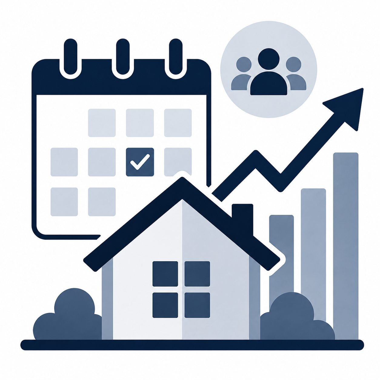 Icon showing a home with a rising market chart representing changing market conditions
