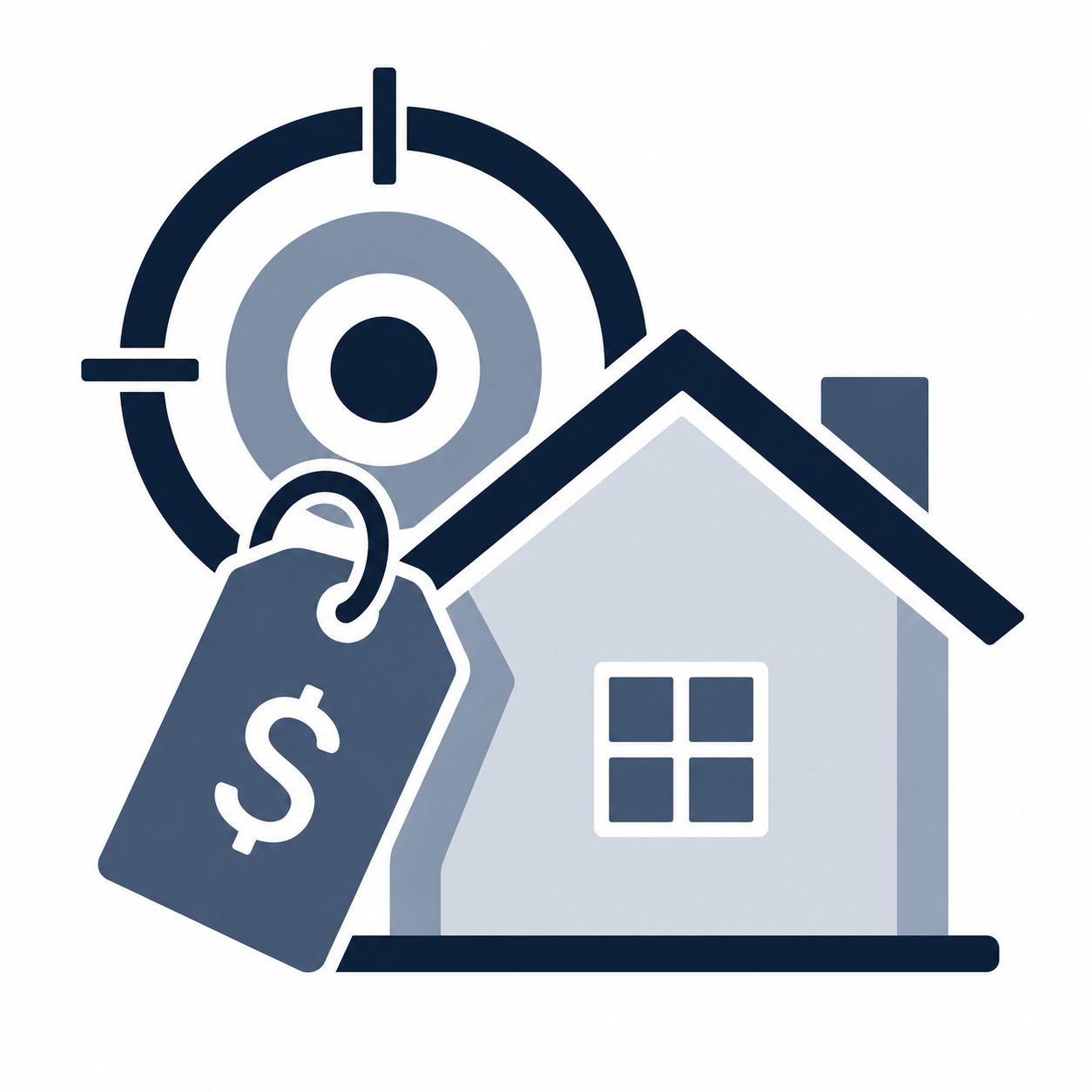 Icon showing a home with a pricing target representing listing price strategy