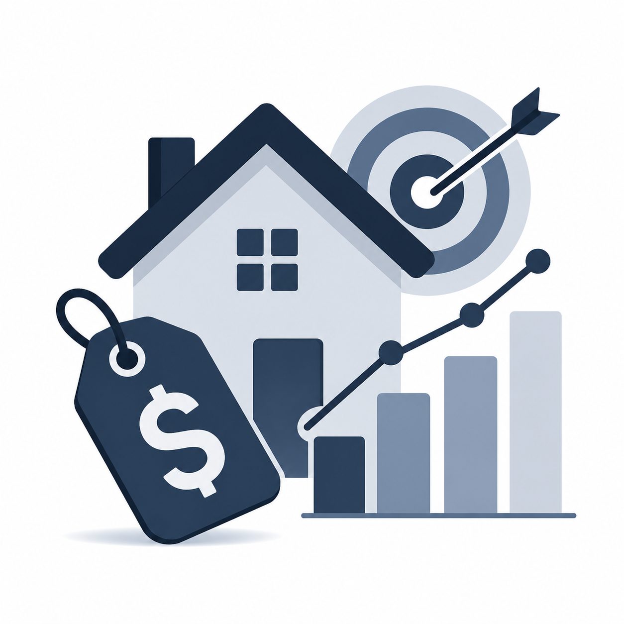 Icon showing a home, price tag, target, and market chart representing pricing strategy before listing