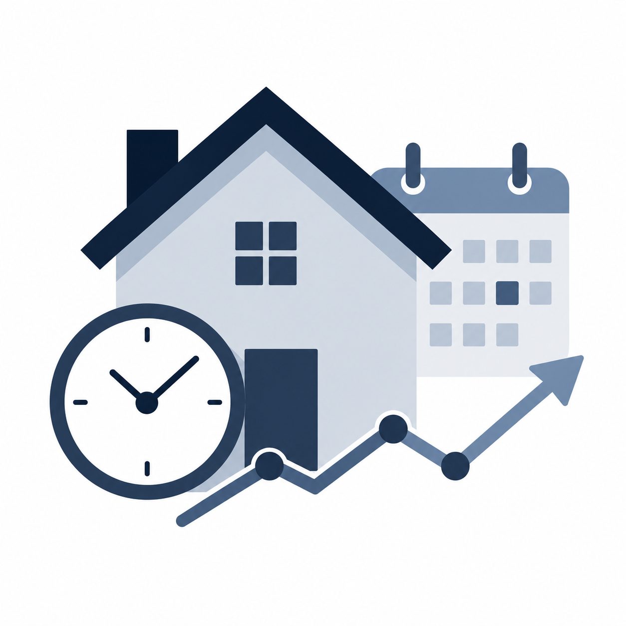 Icon showing a home, calendar, clock, and growth chart representing market timing before selling