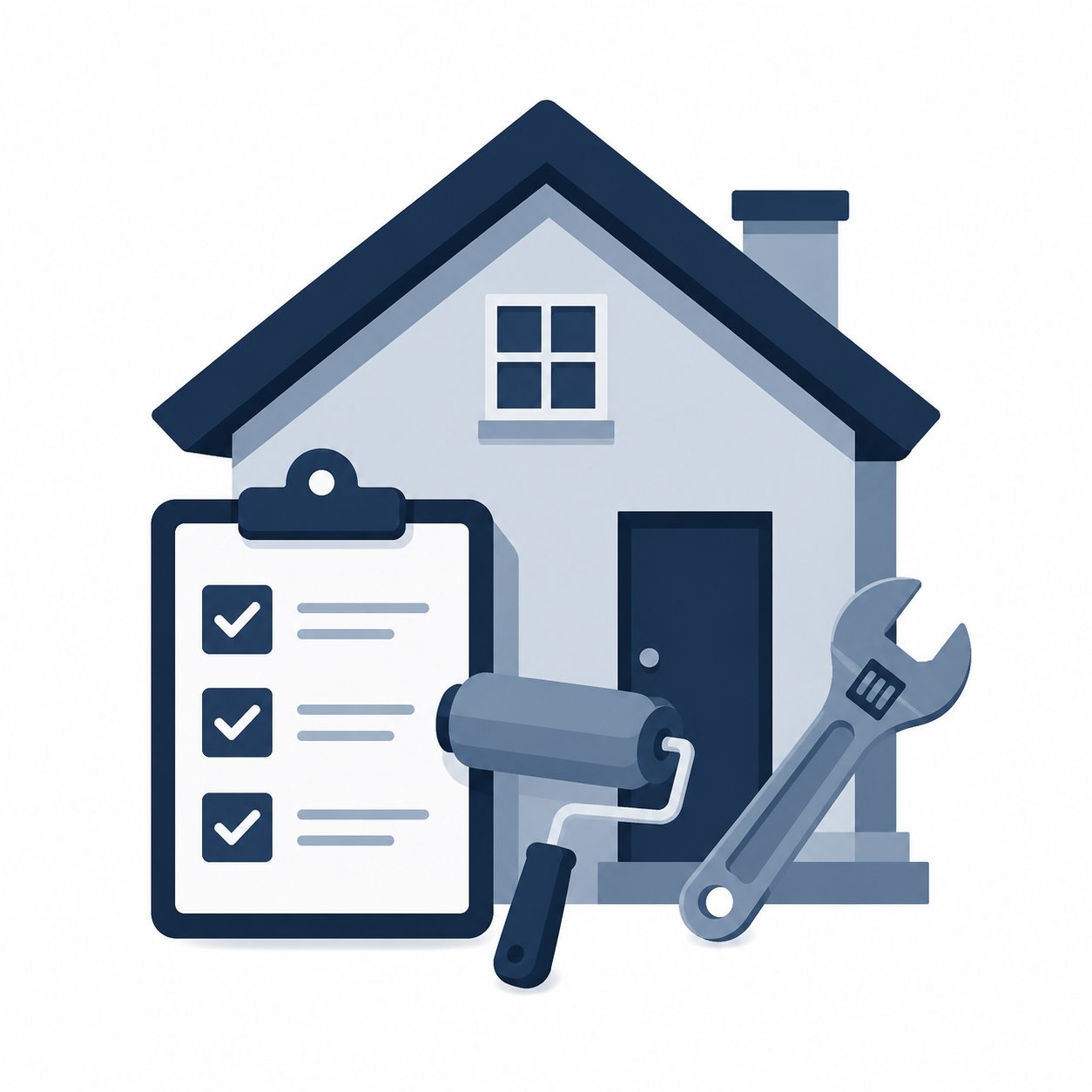 Icon showing a home with checklist and repair tools representing preparation before listing