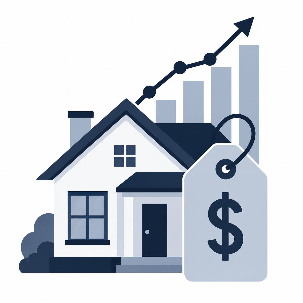 Icon showing a home with market growth and pricing elements representing listing price direction