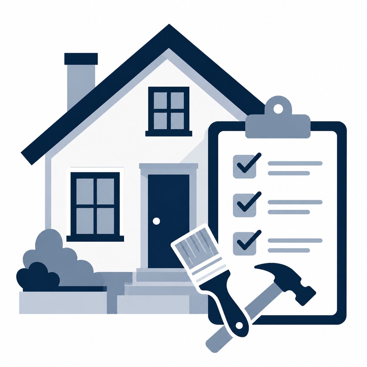 Icon showing a home with renovation tools and checklist representing preparation before listing