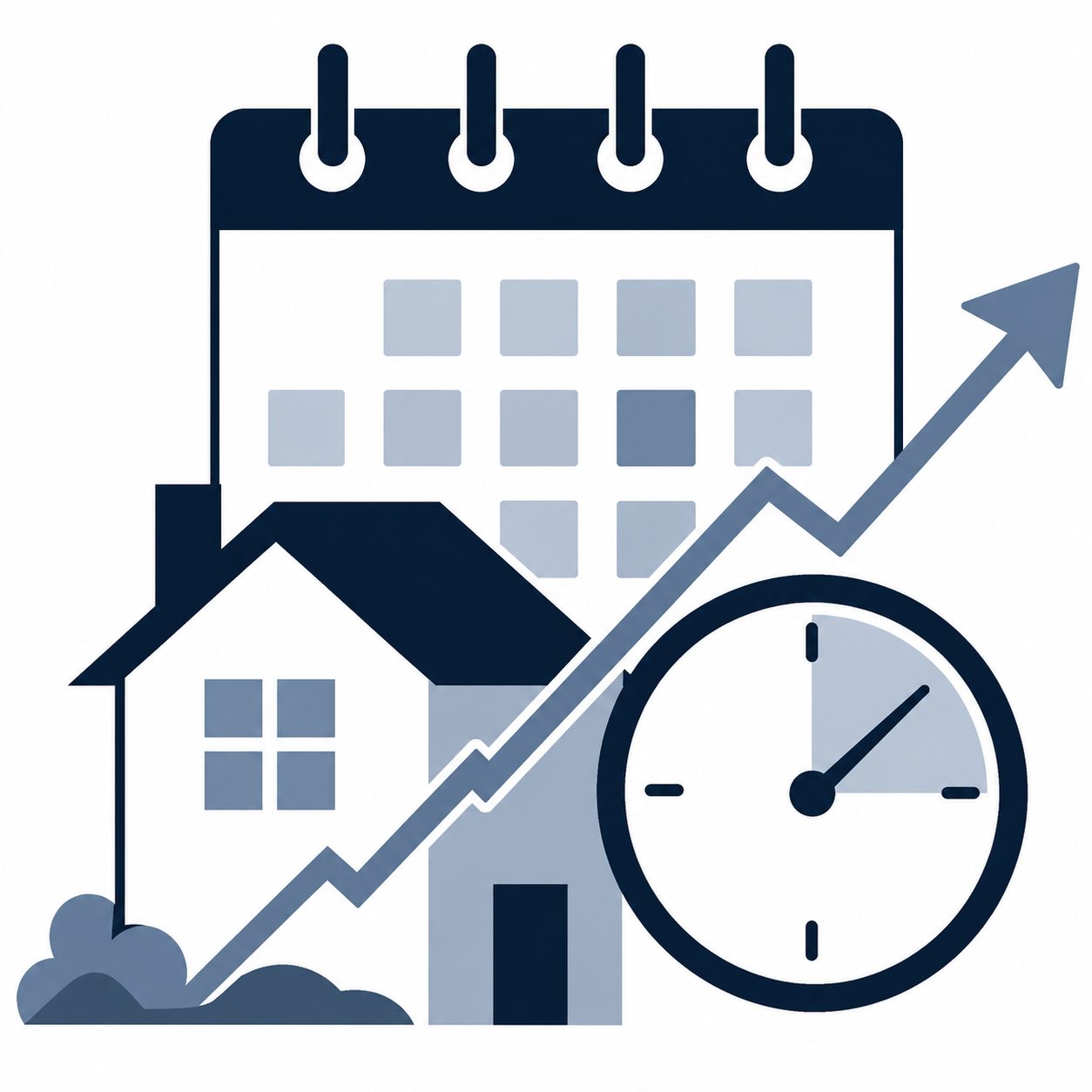 Icon showing a home with calendar and growth elements representing the listing marketing timeline