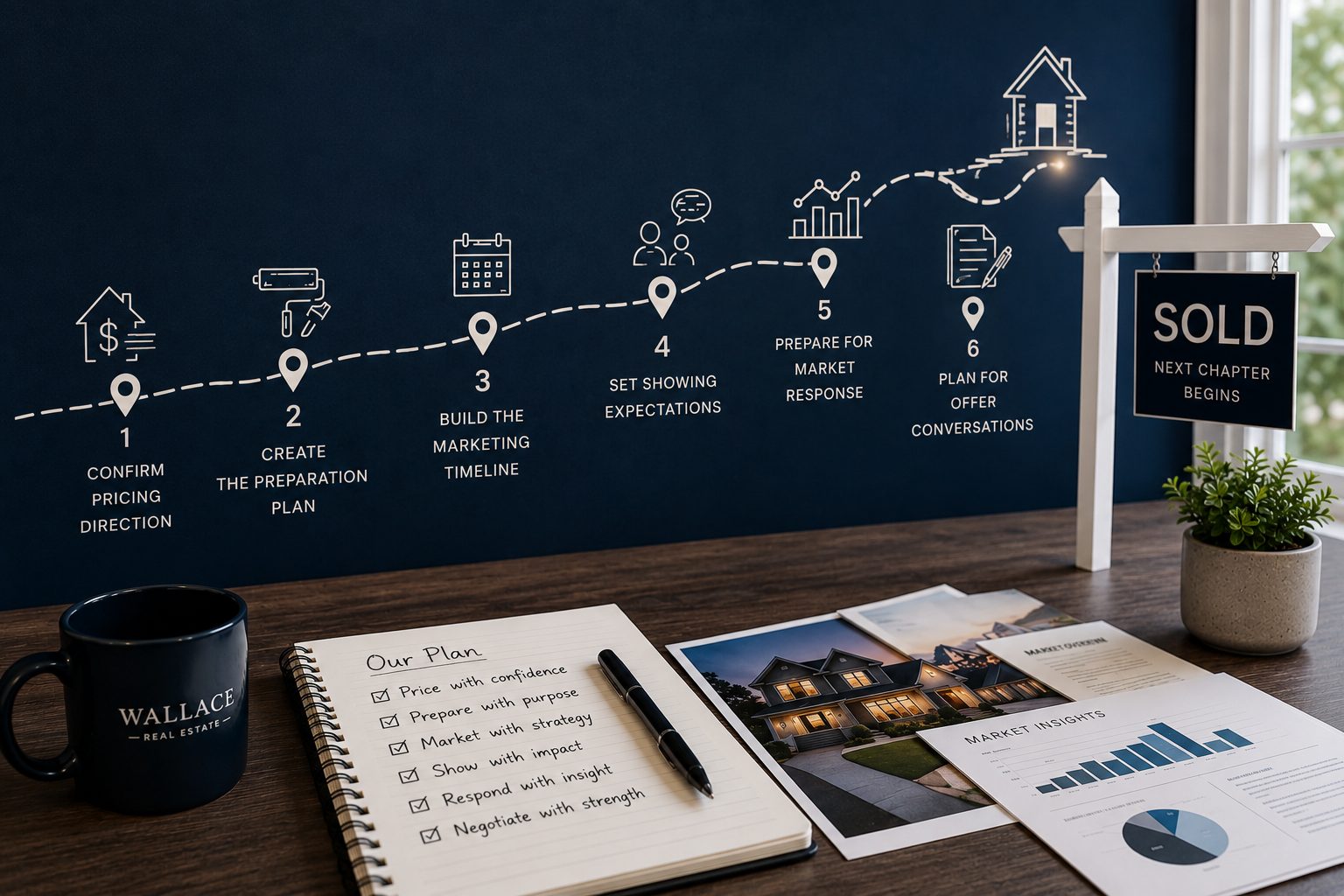Seller listing strategy roadmap with pricing, preparation, marketing timeline, showings, market response, and offer planning