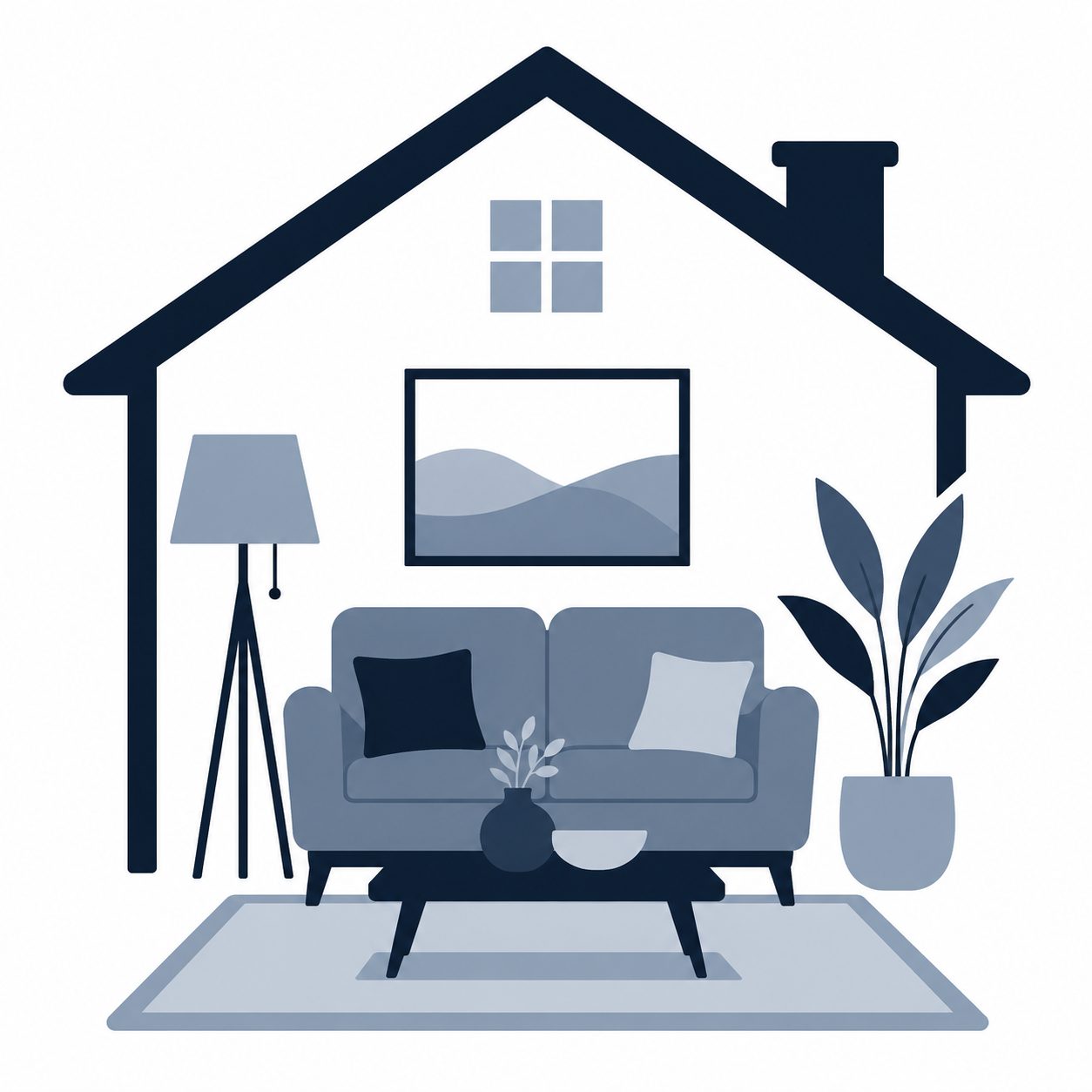 Icon showing a staged living room representing room flow and function before selling