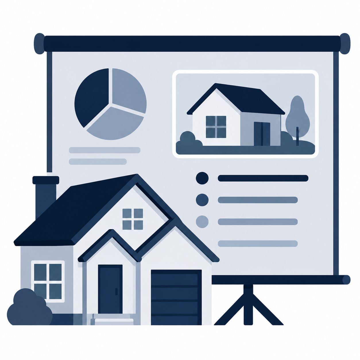 Icon showing a home with a presentation board representing professional listing presentation