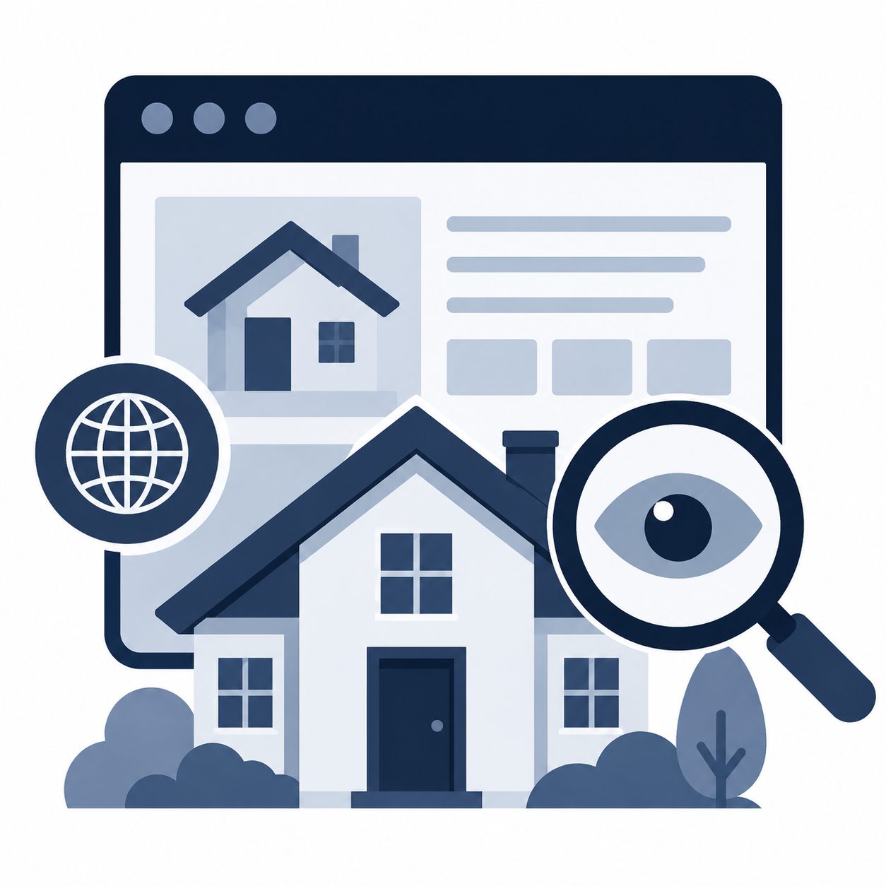 Icon showing a home, online search interface, globe, and magnifying glass representing online listing exposure
