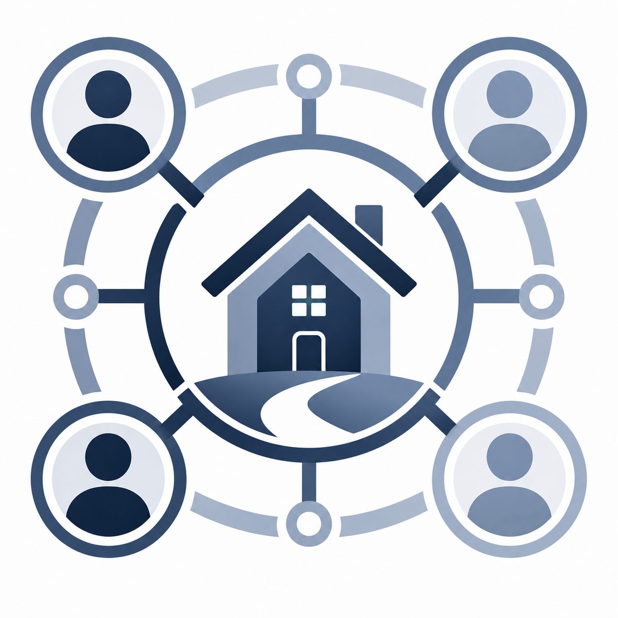 Icon showing a home connected to multiple buyer and agent profiles representing agent network visibility