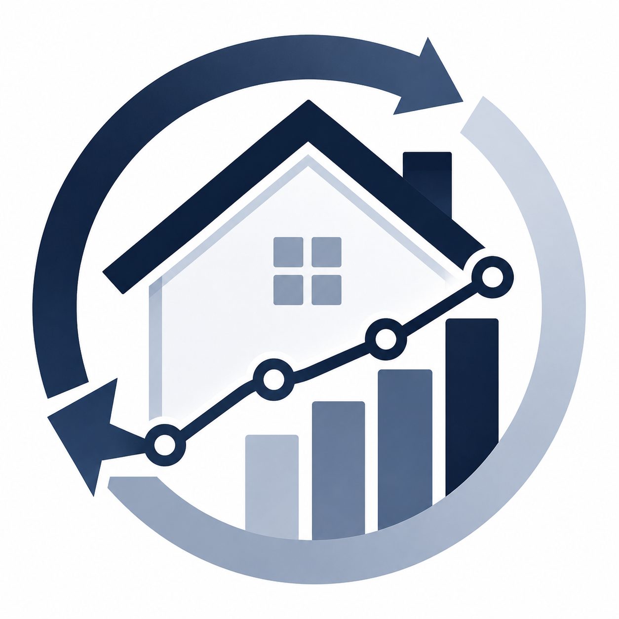 Icon showing a home with analytics chart, growth line, and circular arrows representing market response tracking