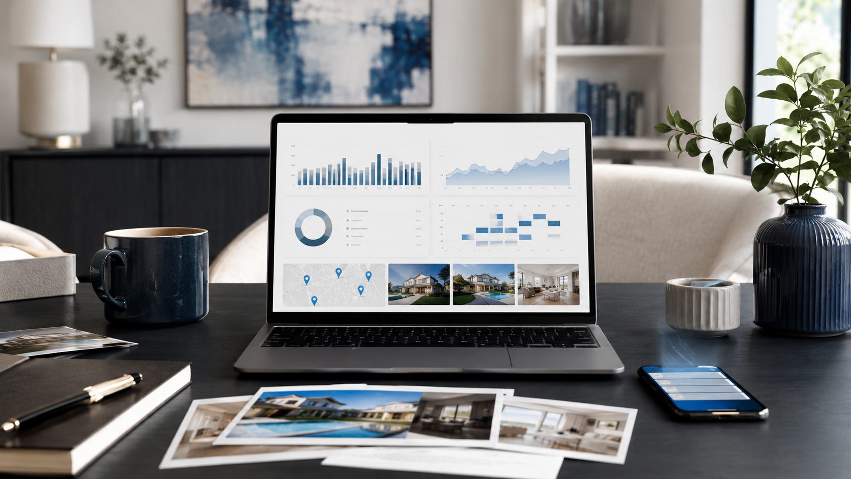 Real estate marketing performance dashboard with listing photos, buyer activity charts, map pins, phone messages, and seller marketing materials