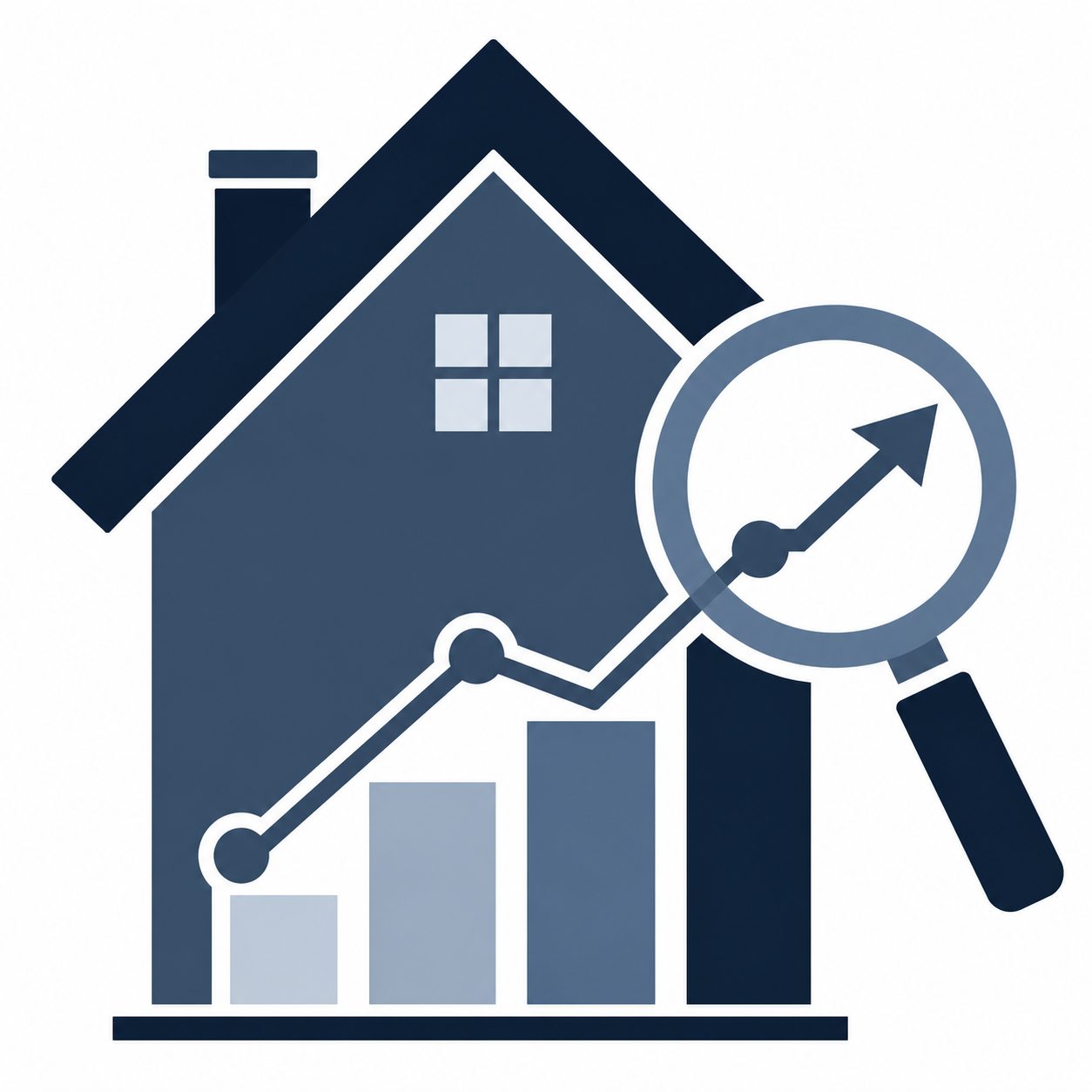 Icon showing a home with charts, magnifying glass, and upward trend representing pricing and positioning review