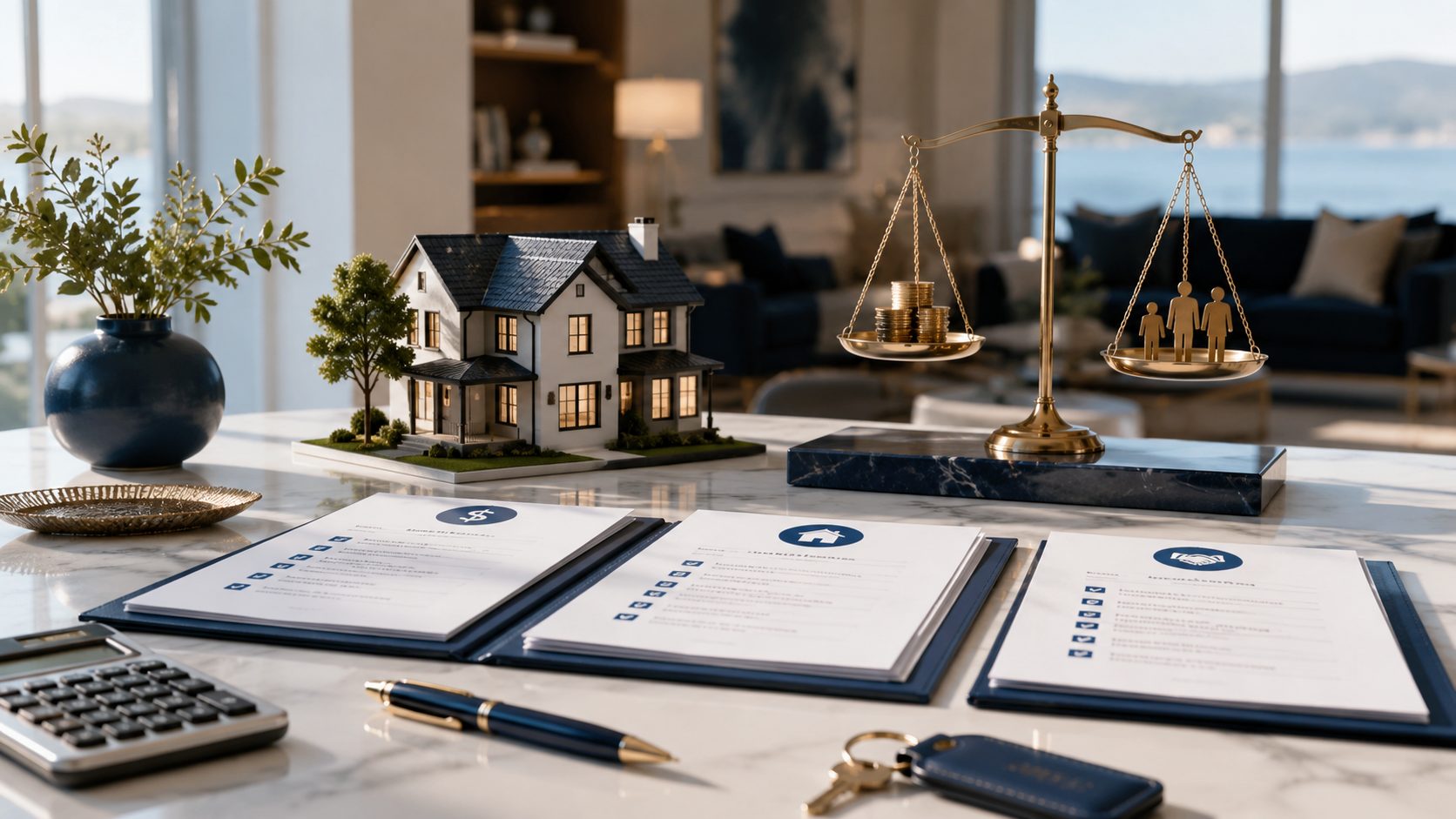 Real estate negotiation workspace with home model, offer documents, scales, calculator, keys, and contract terms for sellers