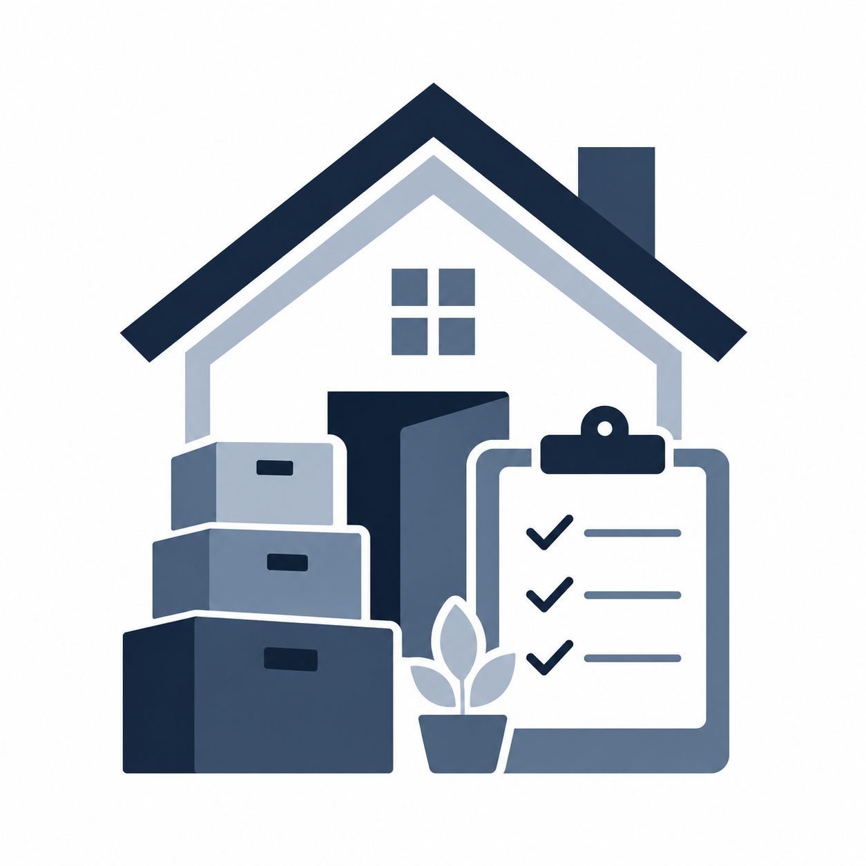 Icon showing organized moving boxes, a home, plant, and checklist representing cleaning and decluttering before listing
