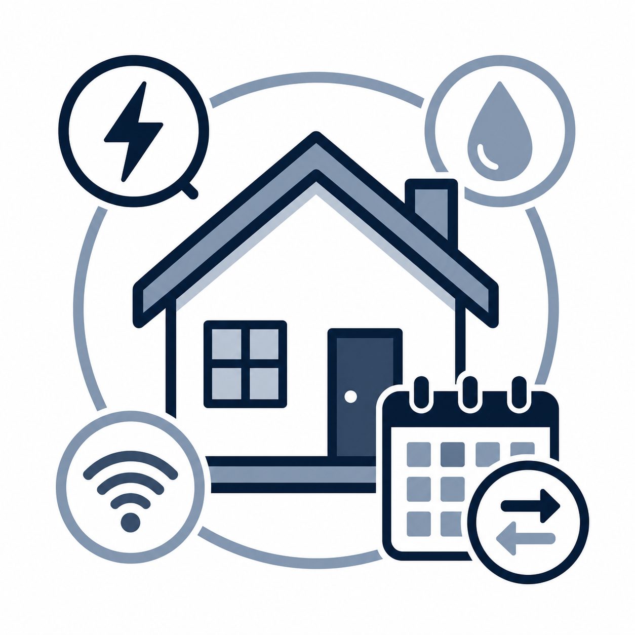 Icon showing a home with electricity, water, Wi-Fi, calendar, and transfer arrows representing utilities and services before closing