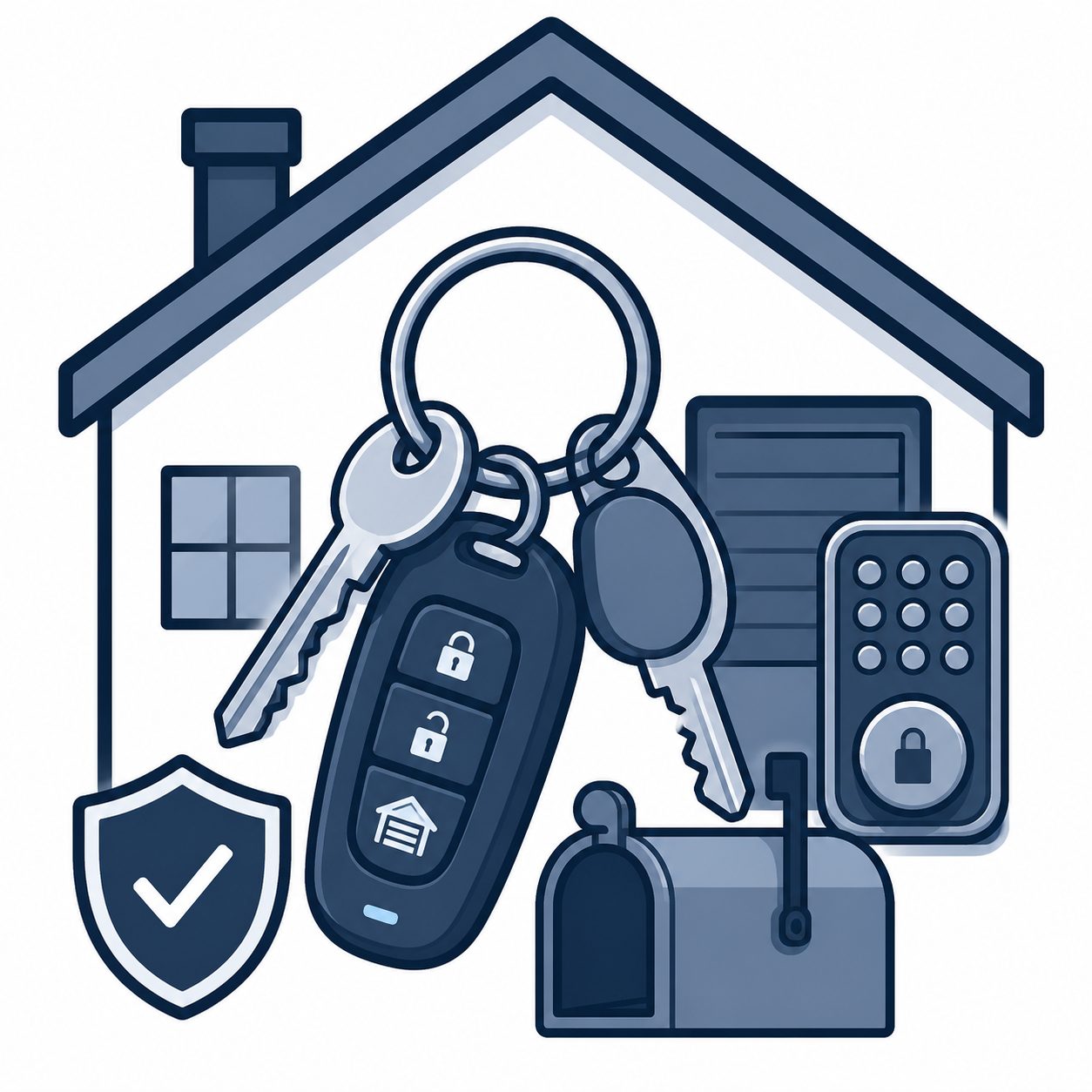 Icon showing a home with keys, keypad, mailbox, garage access, and security symbols representing property access before closing