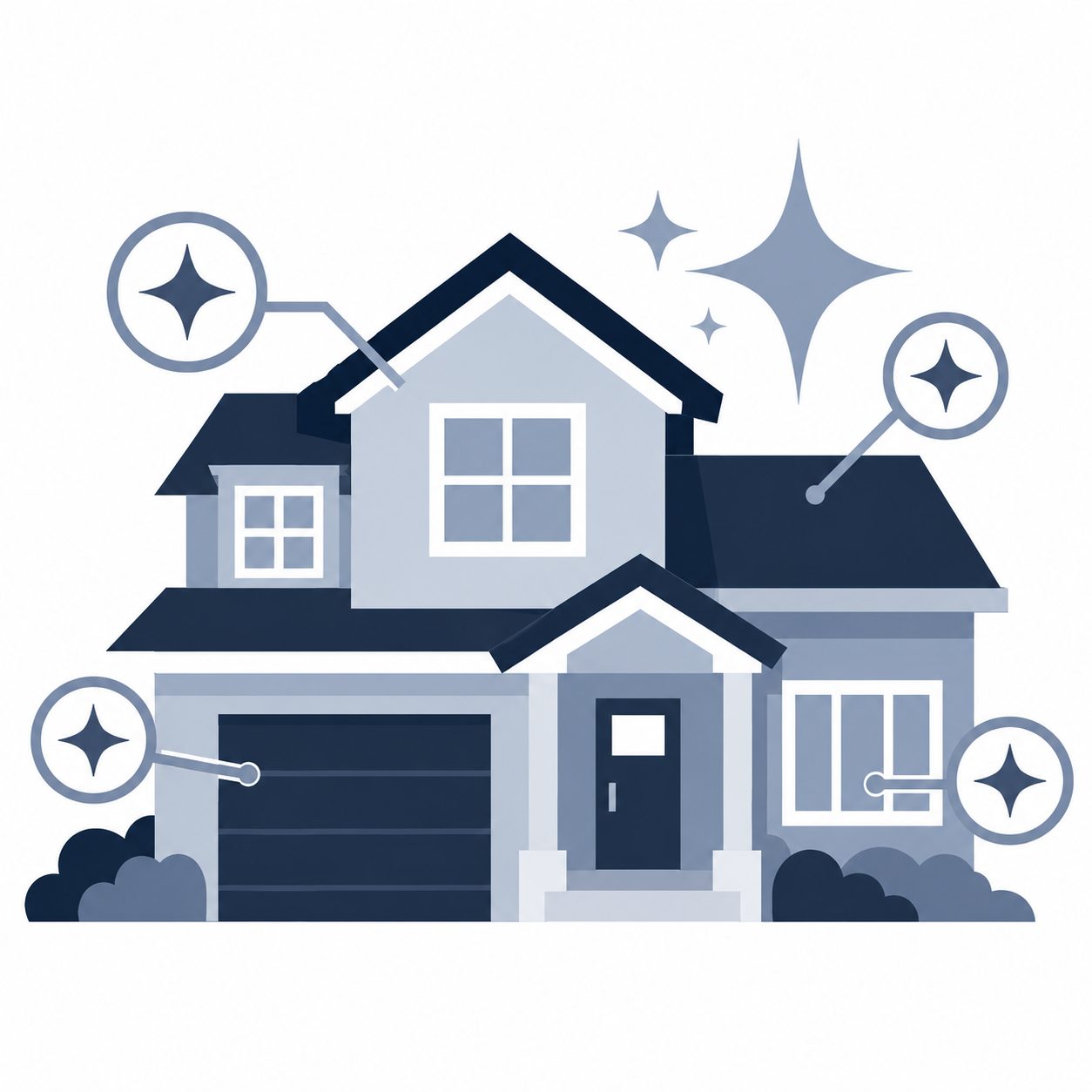 Icon showing a home with highlighted feature markers representing property strengths in a real estate marketing strategy