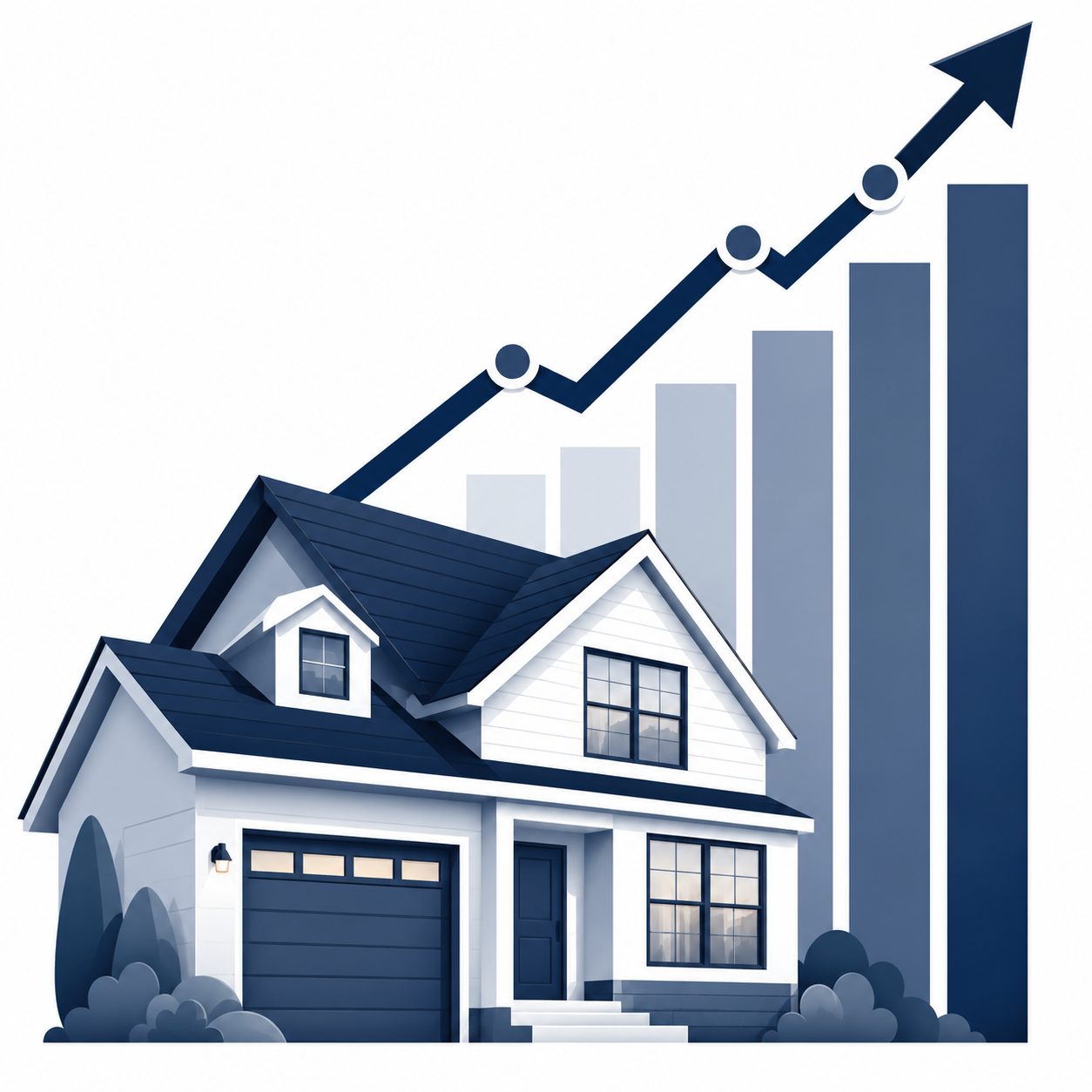 Icon showing a home with rising market charts representing pricing and presentation review