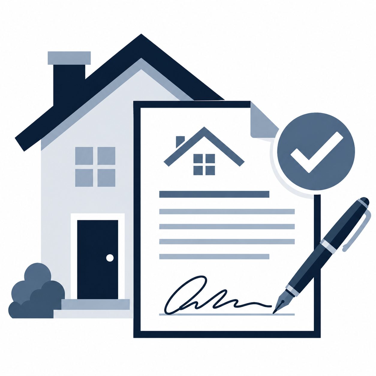 Icon showing a home, signed documents, pen, and checkmark representing seller closing document review