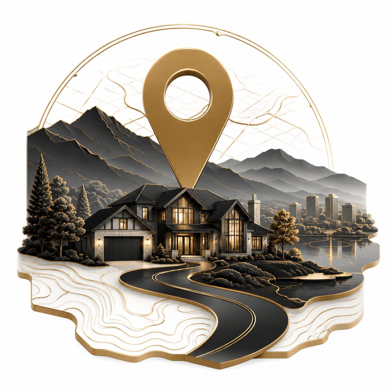 Luxury home with East Tennessee mountains, map pin, road, and topographic lines representing local real estate knowledge