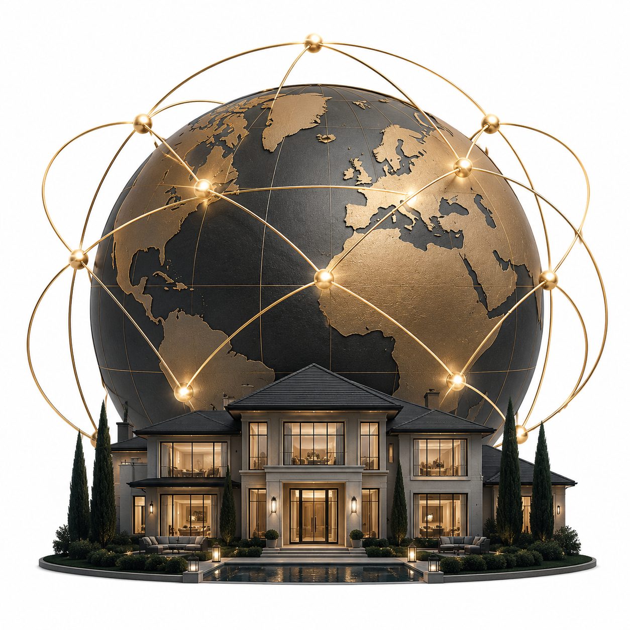 Luxury estate in front of a globe with gold connection lines representing global luxury real estate reach