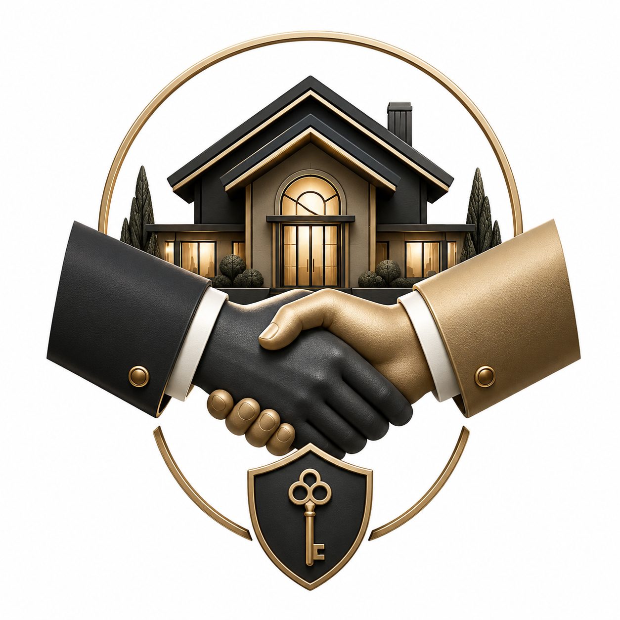Handshake, luxury home, shield, and key representing trusted relationships in luxury real estate