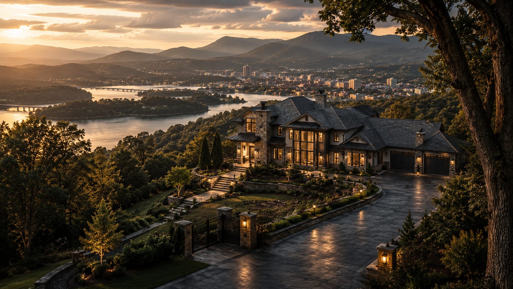 Luxury home overlooking East Tennessee mountains and water at sunset