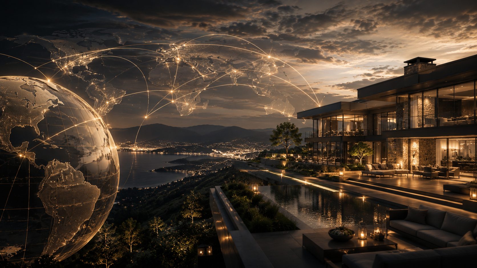 Luxury estate with global connection lines representing a broader luxury real estate network