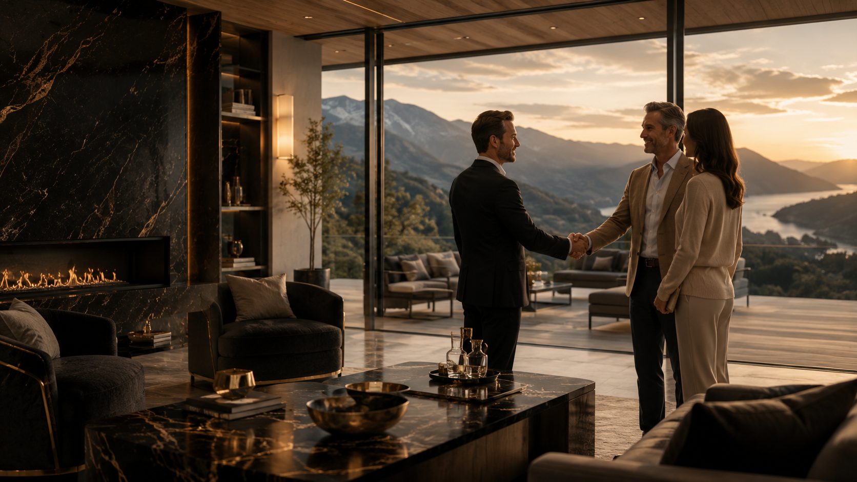 Luxury real estate agent shaking hands with clients inside a modern home overlooking mountains and water