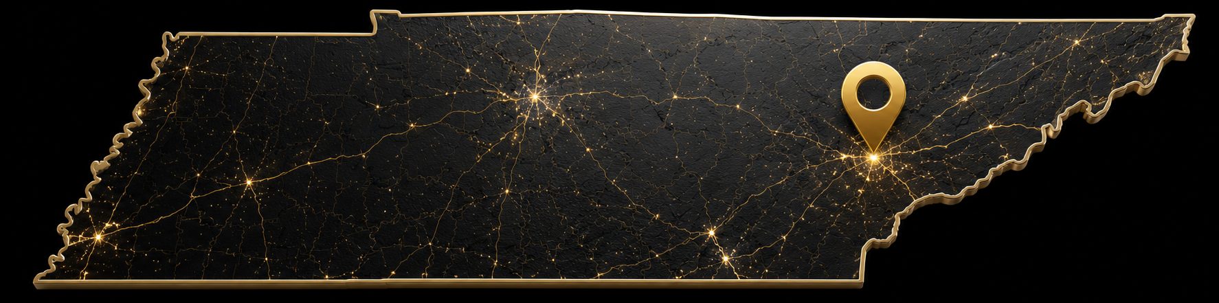 Black and gold Tennessee map with location pin near Knoxville